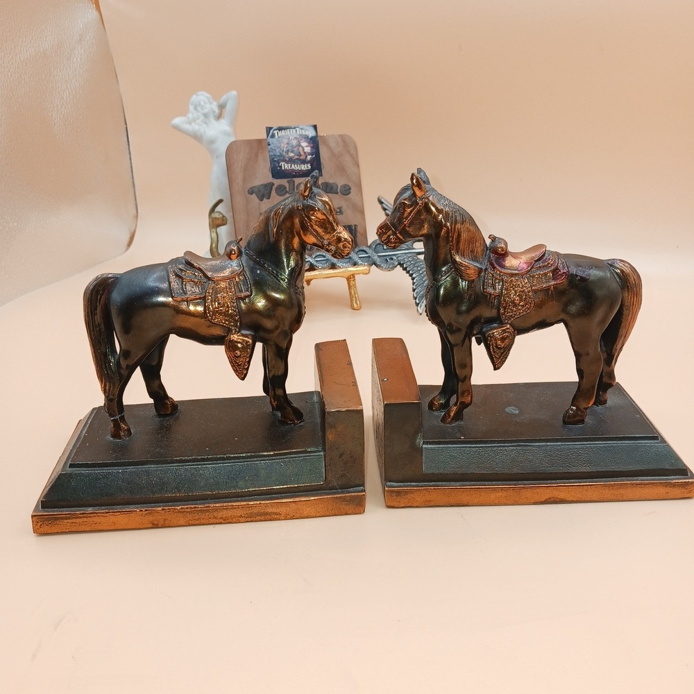 Vintage Bronze Tone Metal Horse Bookends Western Equestrian Library Decor Pair